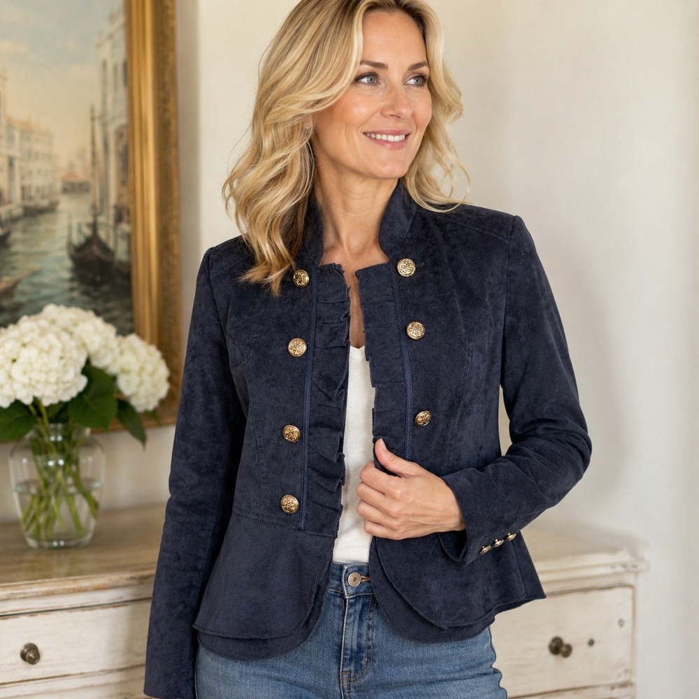 Kate & Rosy Navy Faux Suede Military Peplum Ruffle Jacket Petite XL